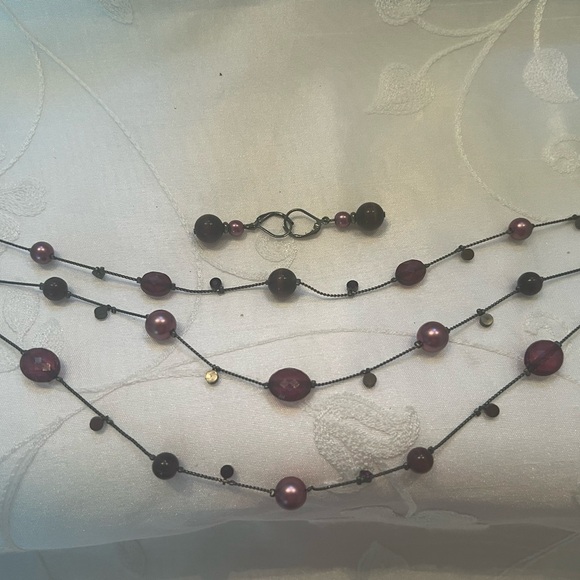 Three (3) Tier Black Necklace with Purple Faceted Stones & Drop Earrings - Picture 1 of 6
